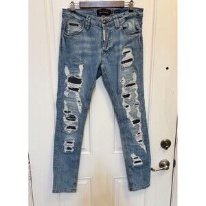 PHILIPP PLEIN Super straight Cut Washed blue Distressed Jeans Size 32 x 32